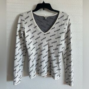Guess White V-Neck Logo Sweater